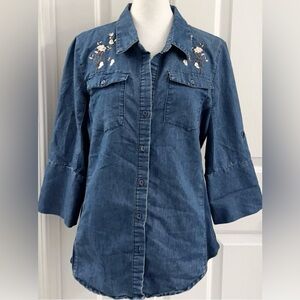 CAVALINI Women Denim Collection Shirt Embroider Flowers‎ 3/4 Sleeve Blue Denim L